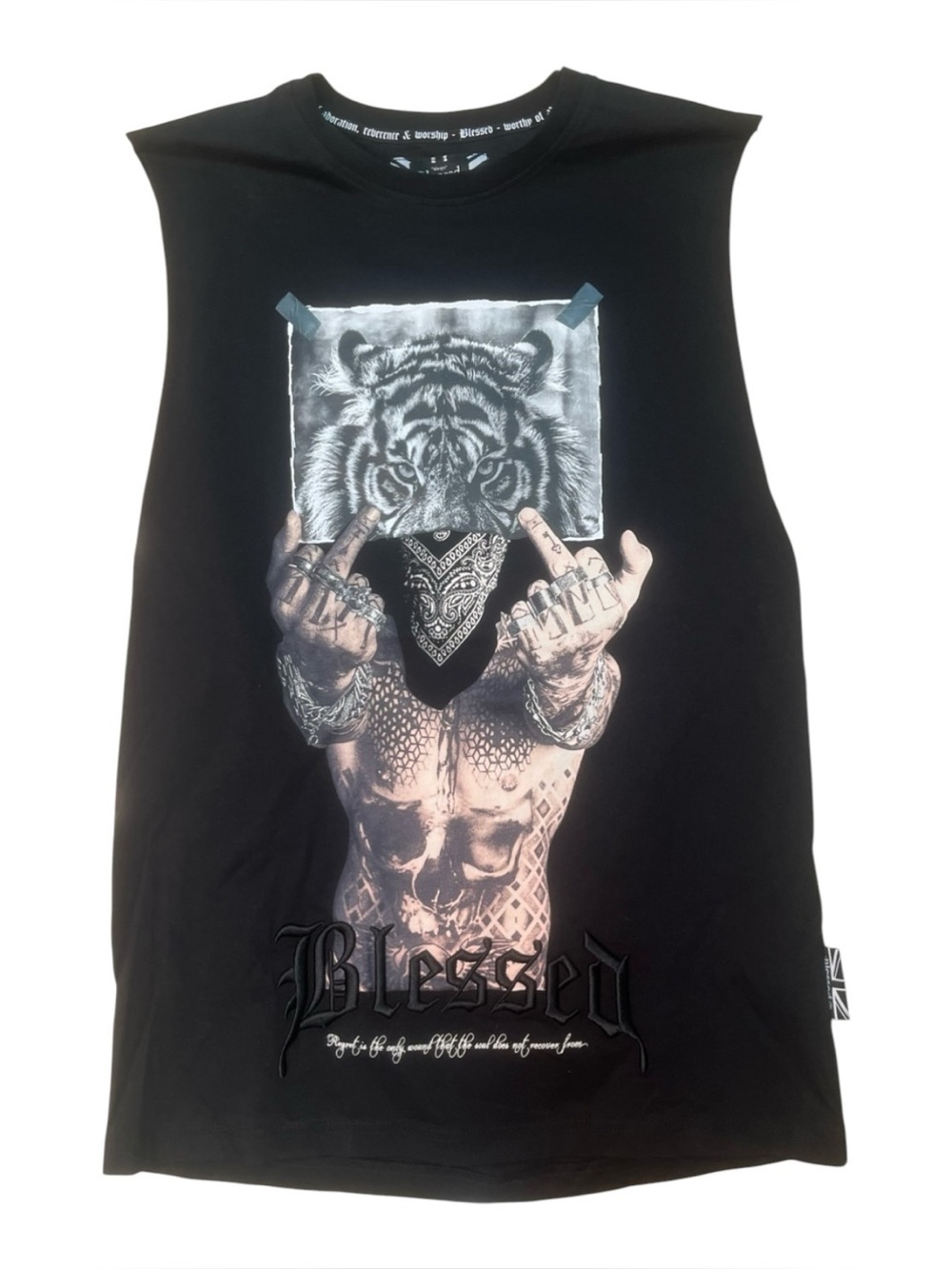 Sz  M Black Sleeveless Graphic cut off Tee with Tiger Mask Design blessed brand